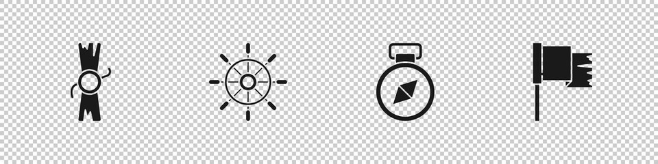 Set Decree, parchment, scroll, Ship steering wheel, Compass and Pirate flag icon. Vector