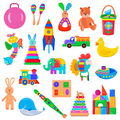 Kids toys set. Collection of toys for small children. Plastic and wooden toys. Activity and fun games. Vector flat style cartoon illustration isolated on white background.