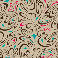 seamless pattern 61. seamless pattern with abstract ornament with stylized flowers and vignettes in colored lines on a beige background