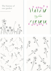 set of 4 cards. herbal theme. primitive lines forms and lines.  