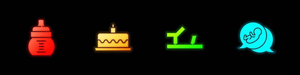 Set Baby bottle, Cake with burning candles, shoes and icon. Vector