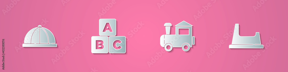 Sticker Set paper cut Baby hat, ABC blocks, Toy train and potty icon. Paper art style. Vector