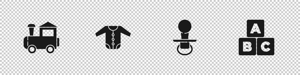 Set Toy train, Baby clothes, dummy pacifier and ABC blocks icon. Vector