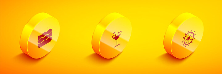 Set Isometric Wave, Cocktail and Ship steering wheel icon. Vector