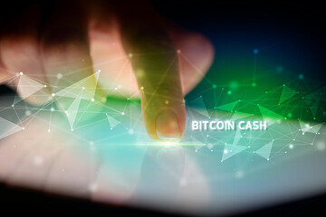 Finger touching tablet with business connection concept