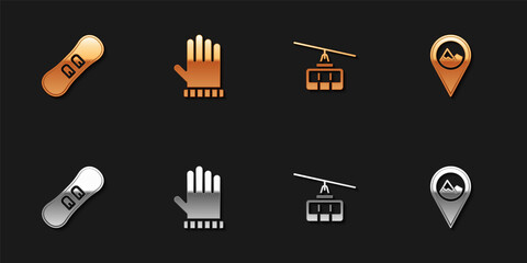 Set Snowboard, Christmas mitten, Cable car and Location with mountain icon. Vector