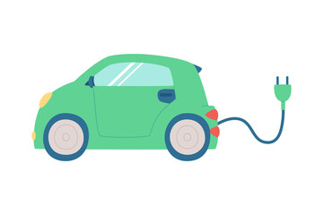 Cute electric car with cable and socket, concept of ecology and clean energy. Hand-drawn vector illustration.