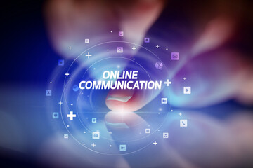 Finger touching tablet with social media icons concept