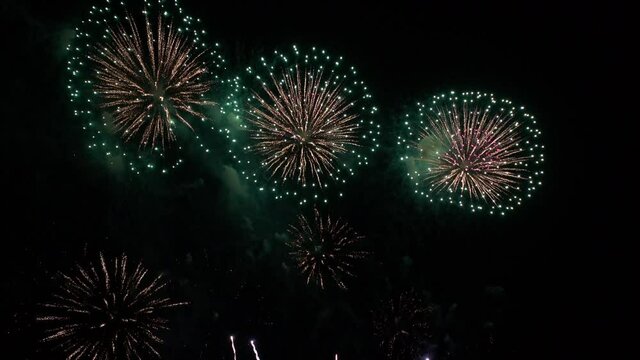 Multiple multicolored fireworks burst in the night sky.