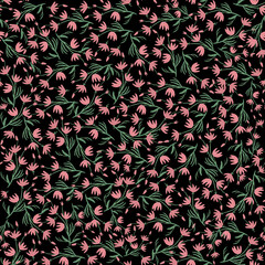 Romantic pink flower and green leaves seamless pattern on black background. Vintage gouache illustration. Design for wallpaper, fabric, textile, wrapping, packing, home decoration, scrapbooking