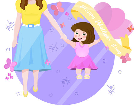 Mom and Daughter.Mothers Day Symbol.Children.Woman and Baby.Cartoon. Multi-colored picture. Holiday. Relaxation. Balloons and butterflies.