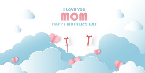Mother's Day greeting card. Gift for mom. vector banner with girl and pink paper hearts fly Symbol of love.vector paper art