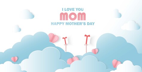 Mother's Day greeting card. Gift for mom. vector banner with girl and pink paper hearts fly Symbol of love.vector paper art