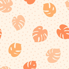 Seamless pattern with monstera on dotted background. Hand drawn  botany illustration in pastel colors © Anastasia