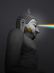 Big Gray Buddha statue, face crack shine rainbow light from head. Portrait size.Clipping path included.