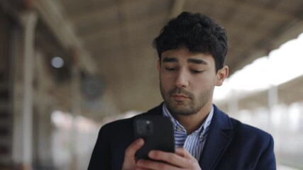 Portrait view of the busy businessman walking through the empty railway station and reading news at his smartphone while waiting to the train - Powered by Adobe