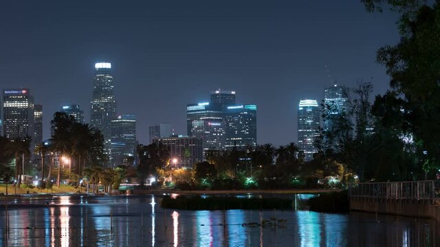 Los Angeles Skyline and Lake in Echo Park Night Time Lapse
