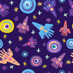 Naklejka na ściany i meble Seamless vector pattern colorful design detailed illustration of rockets and planets in bright tones