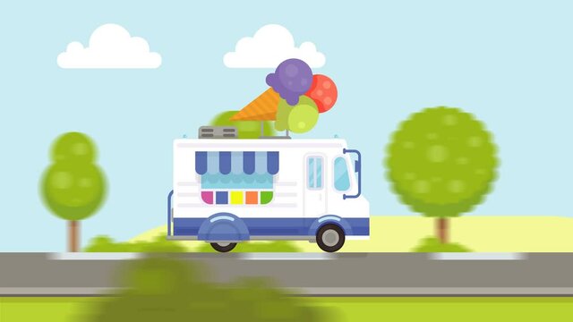 Animated Ice cream delivery van running on road at high speed. Flat design cartoon video clip.