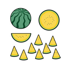 黄色いスイカのアイコンセット 線あり ベクター