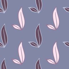 Fototapeta na wymiar Decorative minimalistic style nature seamless pattern with contoured outline foliage leaves. Blue background.