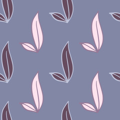 Decorative minimalistic style nature seamless pattern with contoured outline foliage leaves. Blue background.