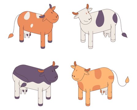 Cows drawn with 3d effect. Isolated on white background farm animals in various poses
