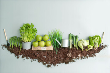 Fresh green organic fruits and vegetables growth