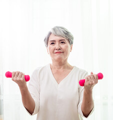 Healthy Lifestyle. Smiling Senior asian Lady Exercising With Dumbbells At Home