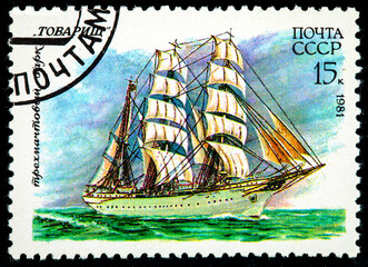 sailing ships three-masted bark Comrade sailing ship at the sea