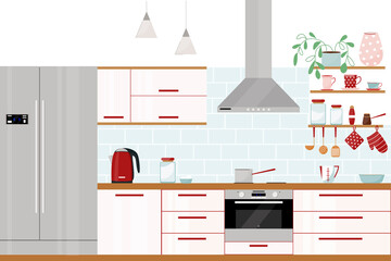 Vector illustration of a beautiful kitchen interior. Flat illustration. Modern stylish kitchen with a double fridge, oven, extractor hood, kitchen utensils.