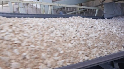 Gravel and cement on a conveyor belt at a concrete factory.