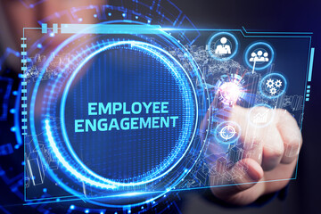 Business, Technology, Internet and network concept. Young businessman shows the word: Employee...