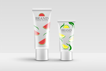 Realistic product mockup design for advertisement. Packaging design of product made with watermelon and lemon.