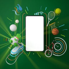 sport live online from a smartphone. sport competition program. game application. white screen mobile. sport online game. golf football volleyball tennis object. background copy space. 3d rendering.