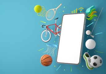 sport live online from a smartphone. sport competition program. game application. white screen mobile. sport online game. golf football volleyball tennis object. background copy space. 3d rendering. - obrazy, fototapety, plakaty