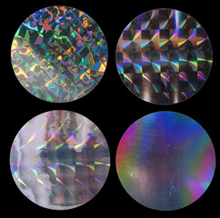 cool round holo stickers on black with scratches, sticky holographic iridescent color foil tapes or snips for your design poster, sticker set. - obrazy, fototapety, plakaty