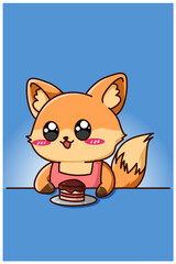 Cute and happy fox with cake cartoon illustration