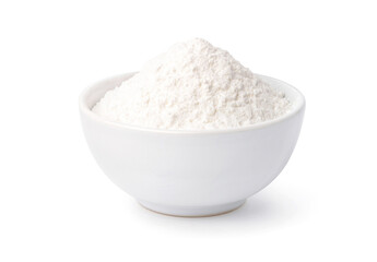 White flour in white bowl  isolated on white background. Clipping path.