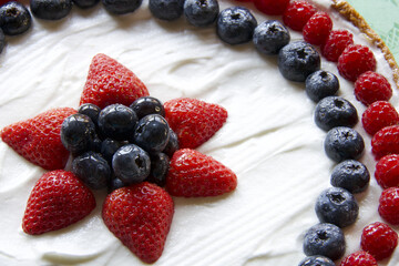 etail of fruits cake decorations with cream and berries