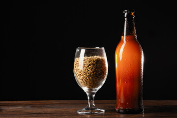 alcoholic drinks, beer with foam isolated on black background..