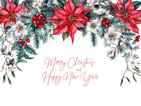 Watercolor Christmas Floral Frame Isolated on White