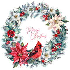 Watercolor Floral Christmas Wreath with Cardinal Bird - 432388284