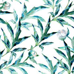 Seamless pattern peony buds and leaves.Watercolor illustration of Japanese white peony. Design of packaging, textiles, fabrics, website, printed products.