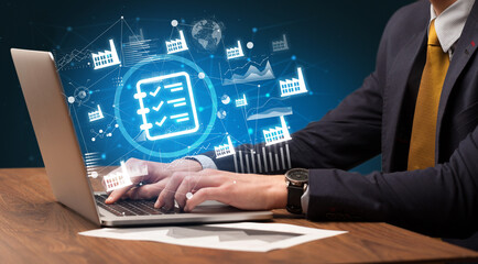 Business hand working on laptop, successful business concept