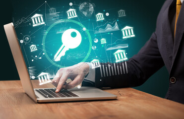 Business hand working on laptop, successful business concept