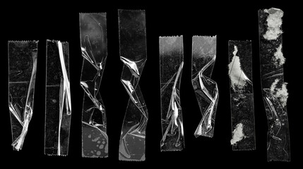 cool set of transparent adhesive tape or strips isolated on black background, crumpled plastic...