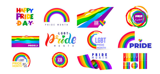 Set of LGBT Pride Month 2021. Celebrated annual. LGBT flag brush stroke. Pride day line abstract logo. Human rights and tolerance. Vector illustration isolated on white background.