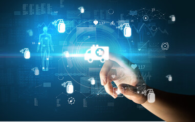 Doctor hand pressing futuristic health device with medical symbol on screen