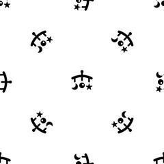 Seamless pattern of repeated black baby mobiles. Elements are evenly spaced and some are rotated. Vector illustration on white background